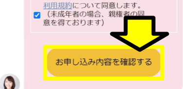 「お申し込み内容を確認する」ボタンが表示された公式サイトのチャット画面
